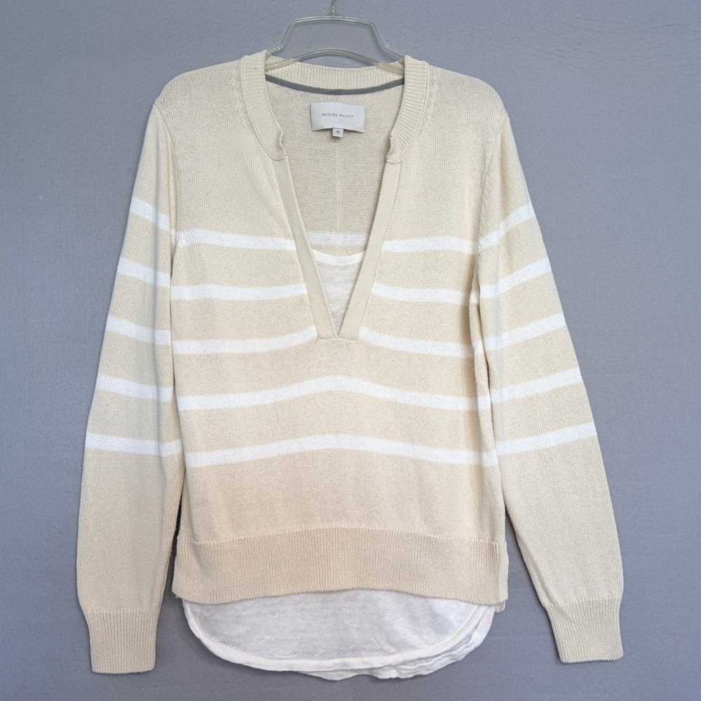 Brochu Walker Roan Layered Stripe Henley Sweater Size M Cotton Linen Coastal